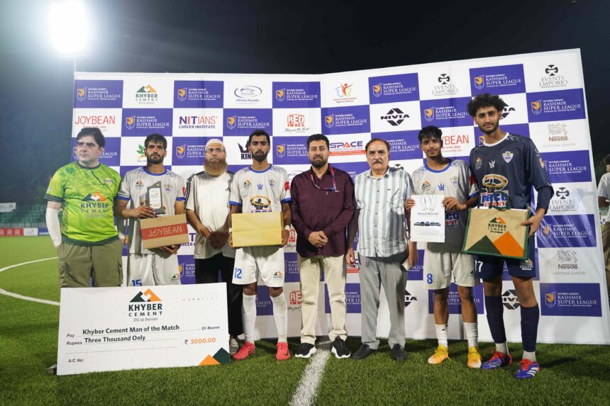The 11th match of the Khyber Cement Kashmir Super League, powered by Athwas Hyundai and the Jammu & Kashmir Sports Council, brought fans to the edge of their seats as Arco United FC edged past Aqua Avengers Kashmir FC with a narrow yet significant 1-0 win at the Synthetic Turf TRC Ground.